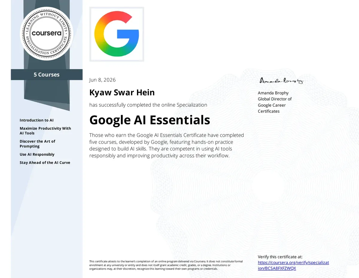 Google AI Essentials specialization certificate issued to Kyaw Swar Hein