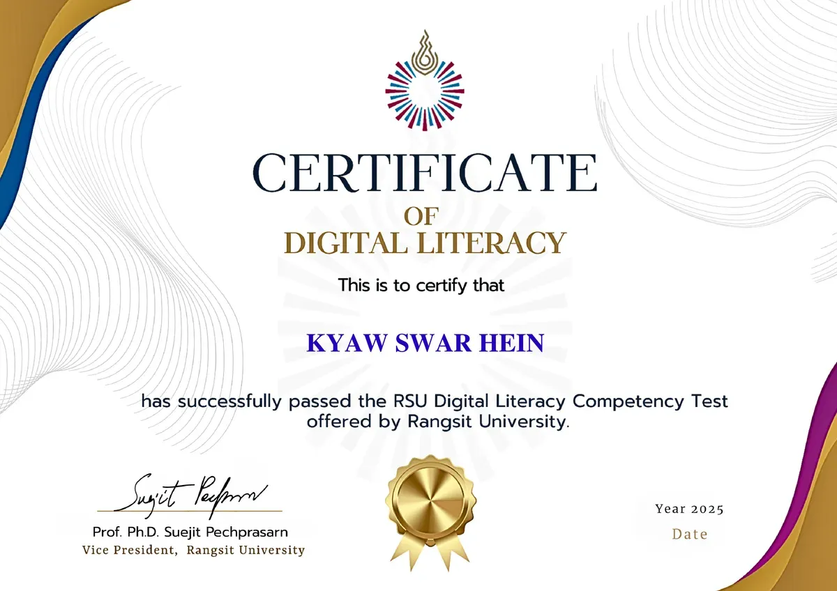Rangsit University Certificate of Digital Literacy issued to Kyaw Swar Hein, year 2025